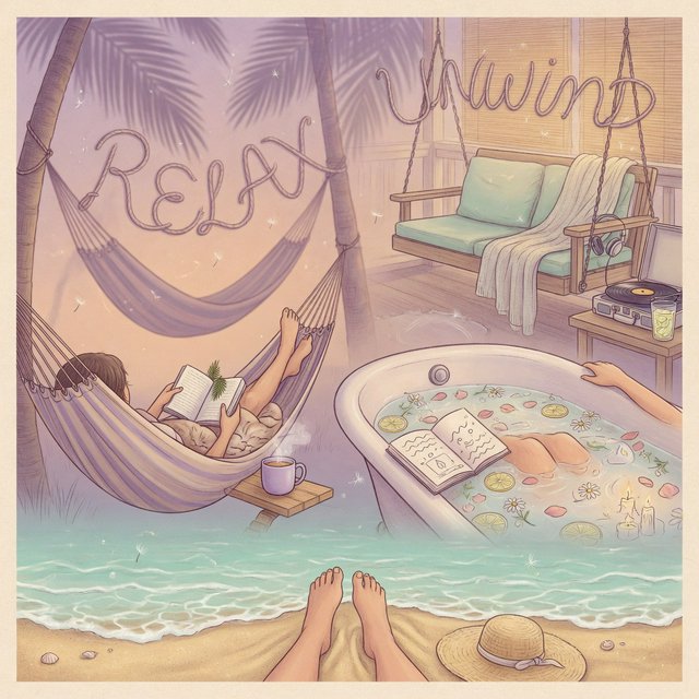 An image representing the word and concept of “Relaxing.” There are at least 4 moments that represent this. The word “Relax” and another word representing it are hidden naturally in the background. — Grok Imagine Image Quality