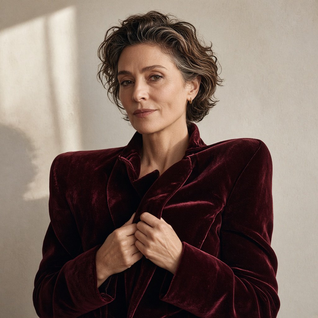 Fashion portrait of an adult woman in her early 50s wearing a sculptural burgundy velvet jacket, her hands lightly gathering its lapel. A wry, composed expression meets the camera against a warm ivory plaster backdrop, lit by soft late-afternoon window glow. — Grok Imagine Image 2