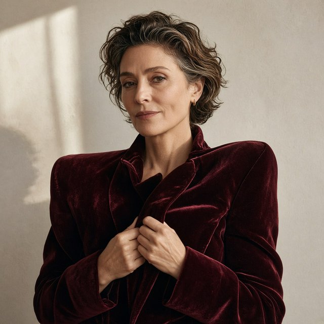 Fashion portrait of an adult woman in her early 50s wearing a sculptural burgundy velvet jacket, her hands lightly gathering its lapel. A wry, composed expression meets the camera against a warm ivory plaster backdrop, lit by soft late-afternoon window glow. — Grok Imagine Image 2