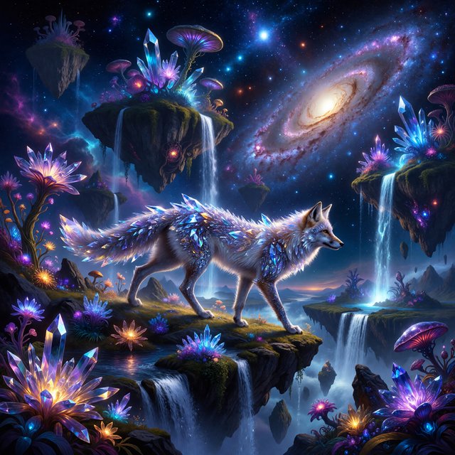 An ethereal fox with crystalline fur navigates a landscape of floating islands. Waterfalls cascade into the starry abyss below, and strange, alien flora sprouts from glowing rocks. This is a magical realism painting, infused with the wonder of distant galaxies. — ImagineArt 1.5 Pro
