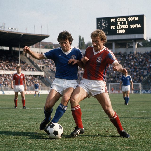 A stillshot from a Bulgarian football game, broadcast in the 1980s. — Seedream 5.0 Pro