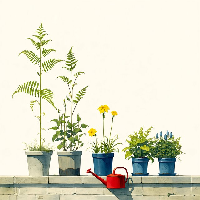 Exactly five potted plants stand on a stone ledge: two tall green ferns on the left, one flowering yellow plant in the center, and two small blue pots on the right. A red watering can sits below, nothing else. — Midjourney Niji 7