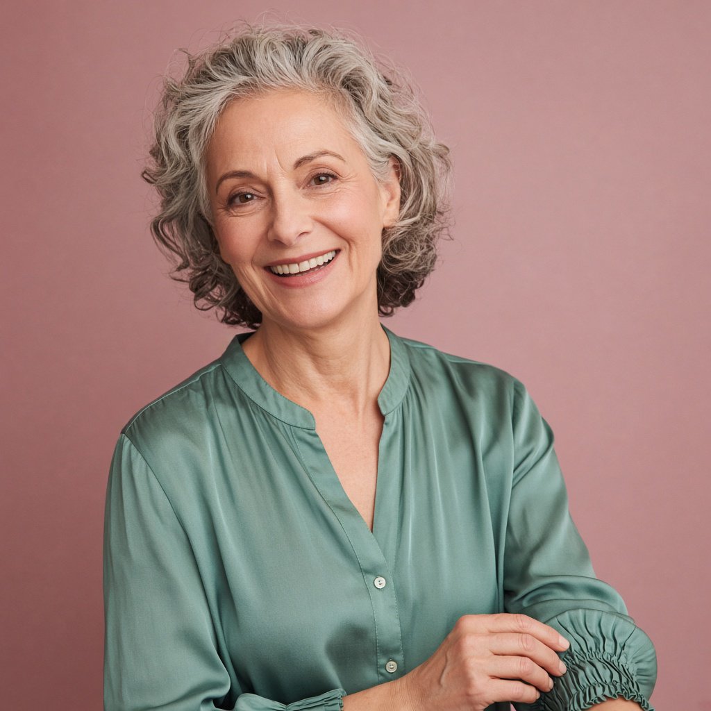 Portrait photograph of an adult woman in her early 60s wearing a softly pleated sea-green silk blouse, hands brushing its gathered sleeve fabric. Her amused, open expression stands against a matte rose backdrop, illuminated by broad, gentle studio light. — Grok Imagine Image 2