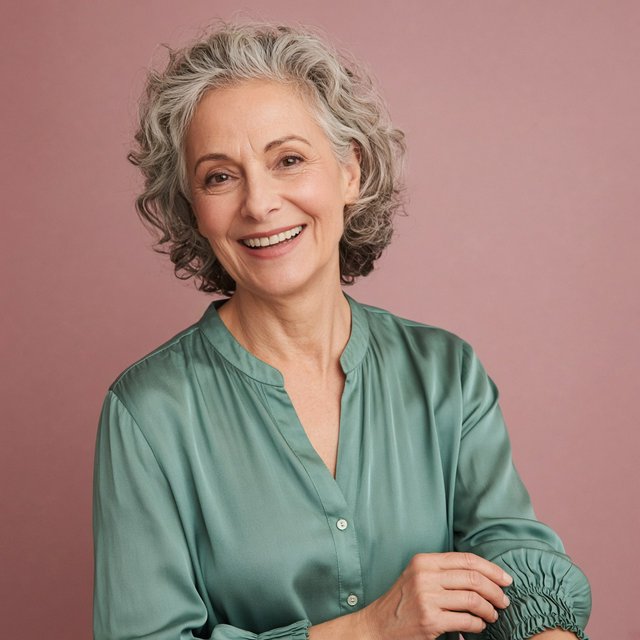 Portrait photograph of an adult woman in her early 60s wearing a softly pleated sea-green silk blouse, hands brushing its gathered sleeve fabric. Her amused, open expression stands against a matte rose backdrop, illuminated by broad, gentle studio light. — Grok Imagine Image 2
