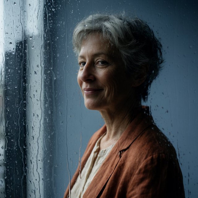 By a rain-streaked studio window, an adult woman in her early 60s turns in profile for a portrait photograph, wearing a copper-colored linen jacket over a cream cotton blouse. Her quietly amused expression rests against a muted blue-gray wall, shaped by cool, soft window light. — Krea 2 Large