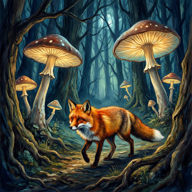 A solitary fox with fur like molten moonlight walks through an ethereal forest. Towering, bioluminescent fungi illuminate the path, casting an otherworldly glow. The style is reminiscent of early 20th-century magical realism, with bold, gestural brushstrokes akin to abstract expressionism, and a watercolor-like diffusion of light. — Model 17