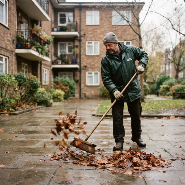 Candid documentary photograph of an adult groundskeeper sweeping damp leaves from an apartment courtyard, pale overcast morning light, 35mm lens with moderate depth of field, a few leaves caught midair in motion blur. — Nano Banana 2 Lite
