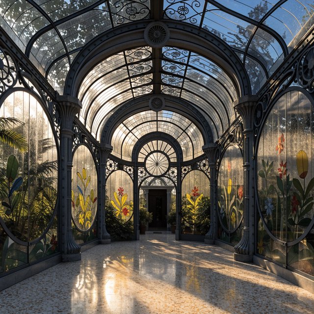 Interior of an Art Nouveau winter garden, curved iron ribs, cream terrazzo floor, hand-painted botanical glass panels, filtered late-afternoon sunlight, viewed from the entrance along the central axis, elegant geometry and believable load-bearing structure. — Recraft v4