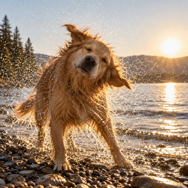 A wet golden retriever shaking off water on a lakeshore, droplets frozen mid-air, backlit by low sun, high shutter speed. — GPT Image 2.5 Sunburst
