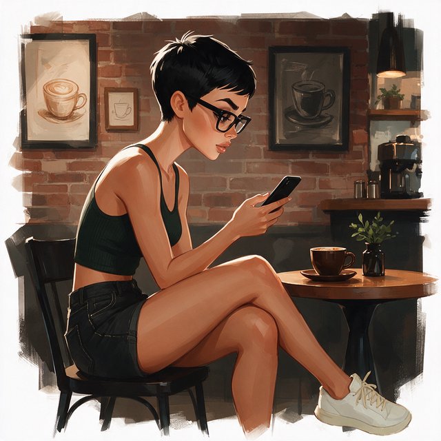 SUBJECT: Side view of a young woman seated at a cafe table, beautiful legs crossed, reading her phone. CHARACTER: 25-year-old woman with an extremely short black pixie cut, all hair under one inch. Stylish glasses, tight dark green ribbed tank top, bare midriff, shorts, comfortable shoes. SETTING: Trendy urban cafe, red brick walls decorated with framed sketches of coffee mugs. STYLE: Stylized semi-realistic digital painting, animation-inspired characters and environments. Expressive faces, large eyes, strong brows, simplified anatomy, convincing 3D volume and depth. Painterly shape-based rendering, minimal outlines, soft blended shading, broad angular brushstrokes. Luminous colors, warm undertones, restrained highlights. Hair and textures rendered in sculpted masses with selective fine detail. Muted charcoal and earthy palette, soft directional light, cohesive shadows, atmospheric depth. Detailed eyes and lips, simplified backgrounds, loose edges, unfinished brushwork. — Model 20