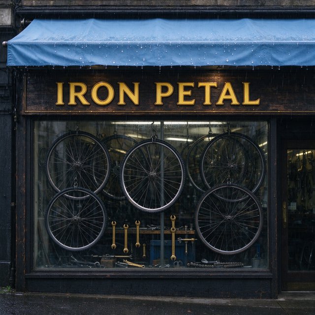 Rain beads on a bicycle repair shop’s blue awning, with wheels and brass tools visible behind the glass; “IRON PETAL” is lettered in warm yellow enamel capitals across the wooden fascia. — Seedream 5.0 Flash