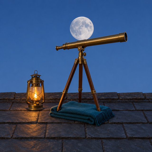 On a slate rooftop, exactly one brass telescope points east; one amber lantern sits to its left, one folded teal blanket lies beneath the tripod, and one pale moon hangs behind it in the clear sky, nothing else. — Model 3