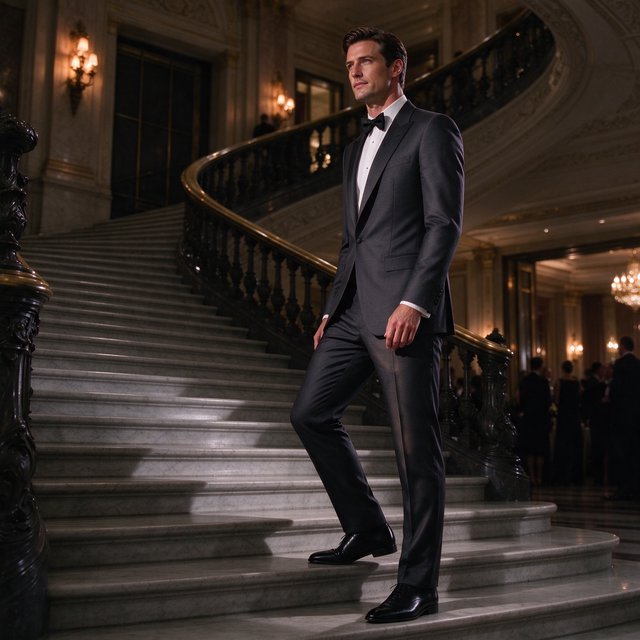 A tall adult man in a charcoal evening suit pauses halfway down a sweeping hotel staircase, caught glancing toward the ballroom as amber sconces cast sculpted light across stone; crisp tailoring and composed fashion-magazine polish. — Model 19