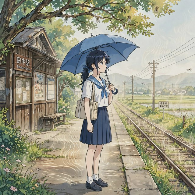 Anime-style illustration of a girl with a blue umbrella waiting at a rural train station in summer, cicadas implied by heat haze, cel shading. — Muse Image 1.0