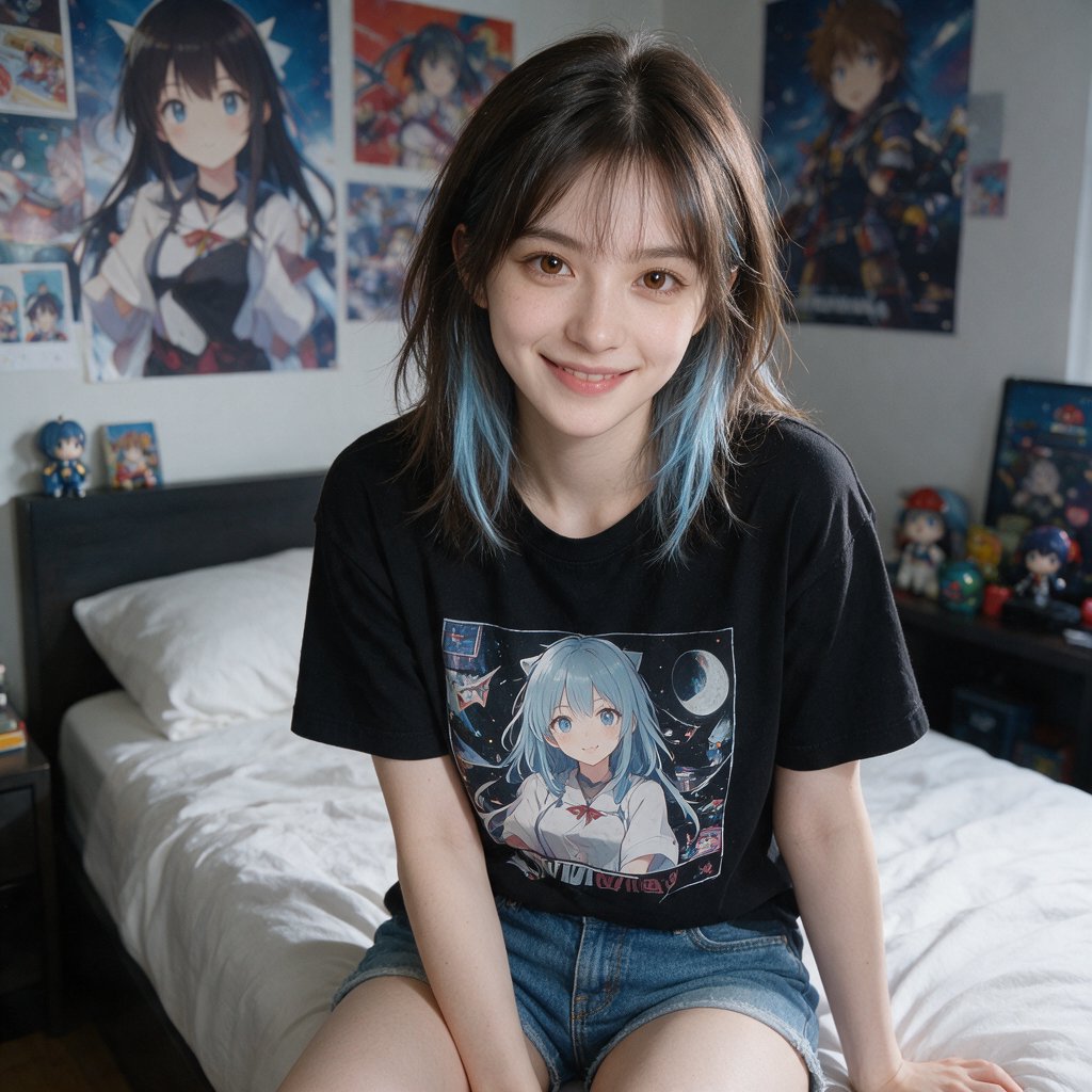 A young beautiful woman of Chinese descent, she is twenty years old, sitting in a bedroom, sitting on the edge of her bed. She is wearing a black anime-themed shirt and denim shorts. She has dark brown hair with light blue highlights, brown eyes, pale skin. Her bedroom has anime- and video game-inspired posters and trinkets. Looking at the viewer, smiling. — Seedream 5.0 Pro
