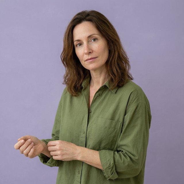 Portrait photograph of an adult woman in her late 30s wearing a moss-green cotton poplin shirt, fingers lightly turning its rolled cuff. Her calm, observant expression faces the camera against a chalky lavender backdrop, lit by soft diffused skylight. — Qwen Image 3.0 Pro