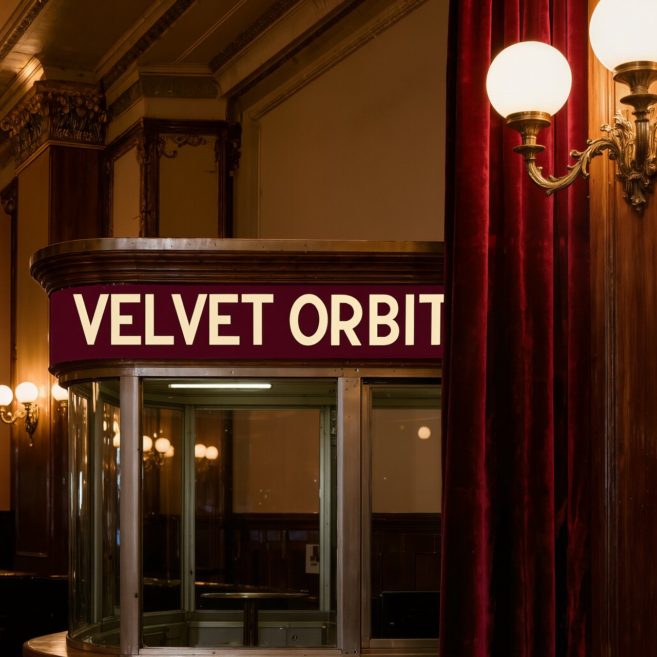 In a restored neighborhood cinema, brass sconces illuminate velvet curtains and a glass ticket booth; "VELVET ORBIT" is painted in ivory block letters across the booth’s burgundy fascia. — Kling v3