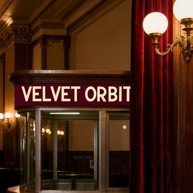 In a restored neighborhood cinema, brass sconces illuminate velvet curtains and a glass ticket booth; "VELVET ORBIT" is painted in ivory block letters across the booth’s burgundy fascia. — Kling v3