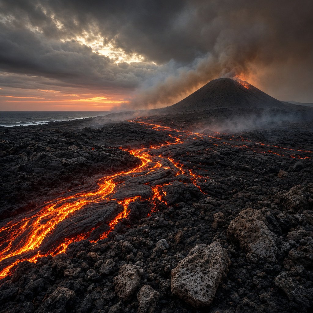Fresh lava threads a black cinder plain on a volcanic island at dusk beneath ash-laden wind; blistered crust and brittle pumice in the foreground give way to glowing fissures fading into smoke. — Grok Imagine Image 2
