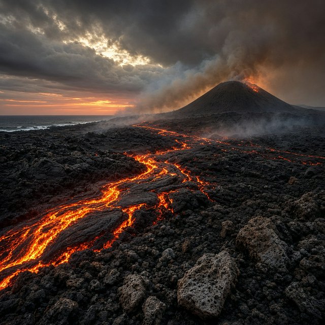 Fresh lava threads a black cinder plain on a volcanic island at dusk beneath ash-laden wind; blistered crust and brittle pumice in the foreground give way to glowing fissures fading into smoke. — Grok Imagine Image 2