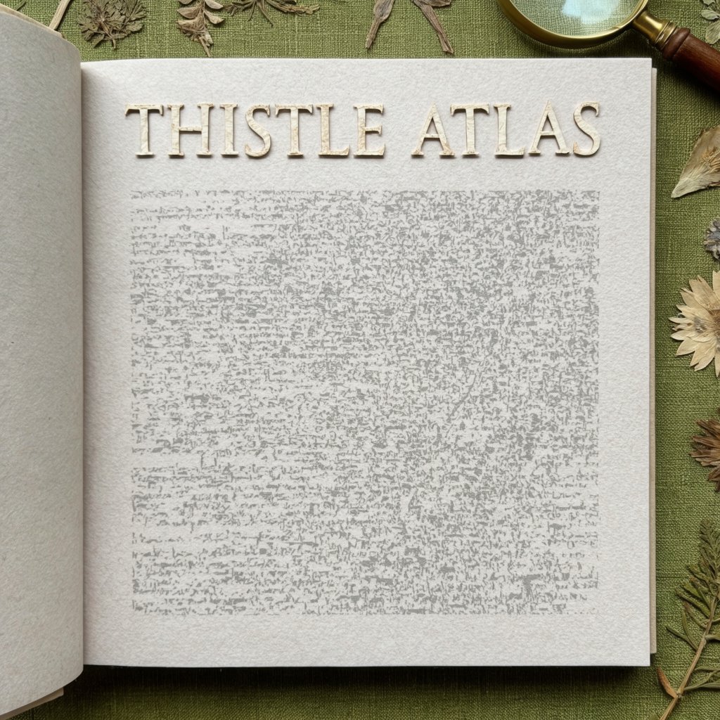 Pressed fern fronds, seed pods, and a magnifying lens frame a naturalist’s field-guide book cover on moss-green cloth; “THISTLE ATLAS” spans the upper third in hand-cut ivory serif capitals, with no other legible writing. — Krea 2 Large