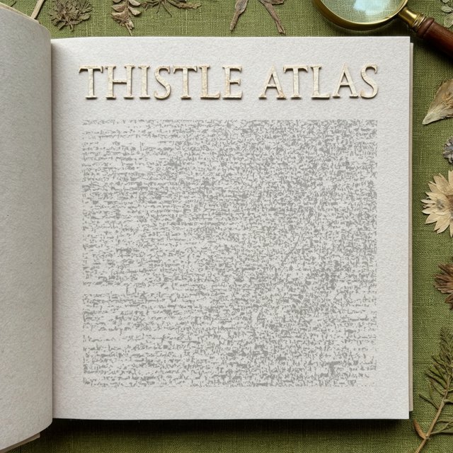 Pressed fern fronds, seed pods, and a magnifying lens frame a naturalist’s field-guide book cover on moss-green cloth; “THISTLE ATLAS” spans the upper third in hand-cut ivory serif capitals, with no other legible writing. — Model 11