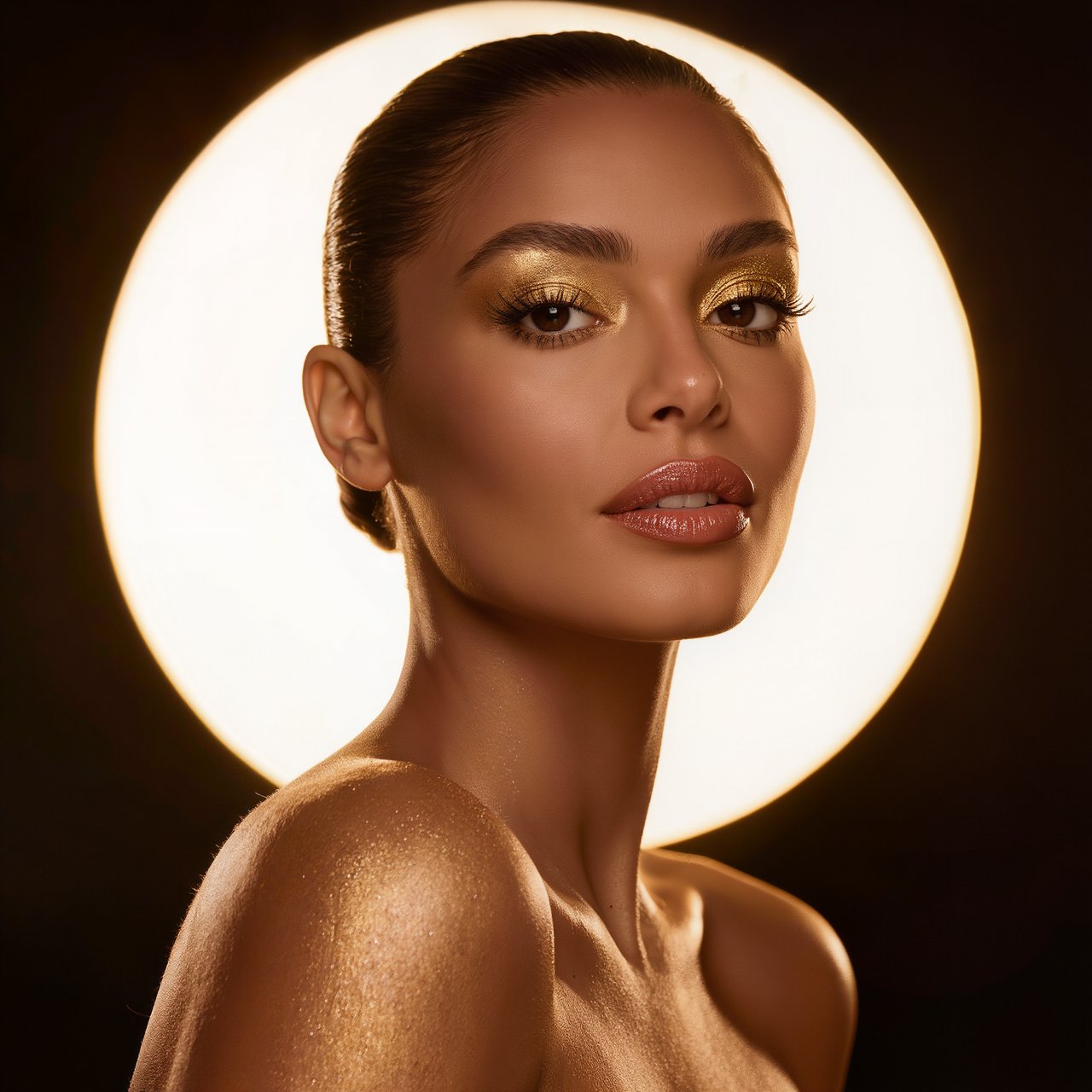 Beauty close-up of an adult woman with bronzed skin and gold eye makeup, bare shoulders, studio backlight halo, high-end campaign look. — Kling v3