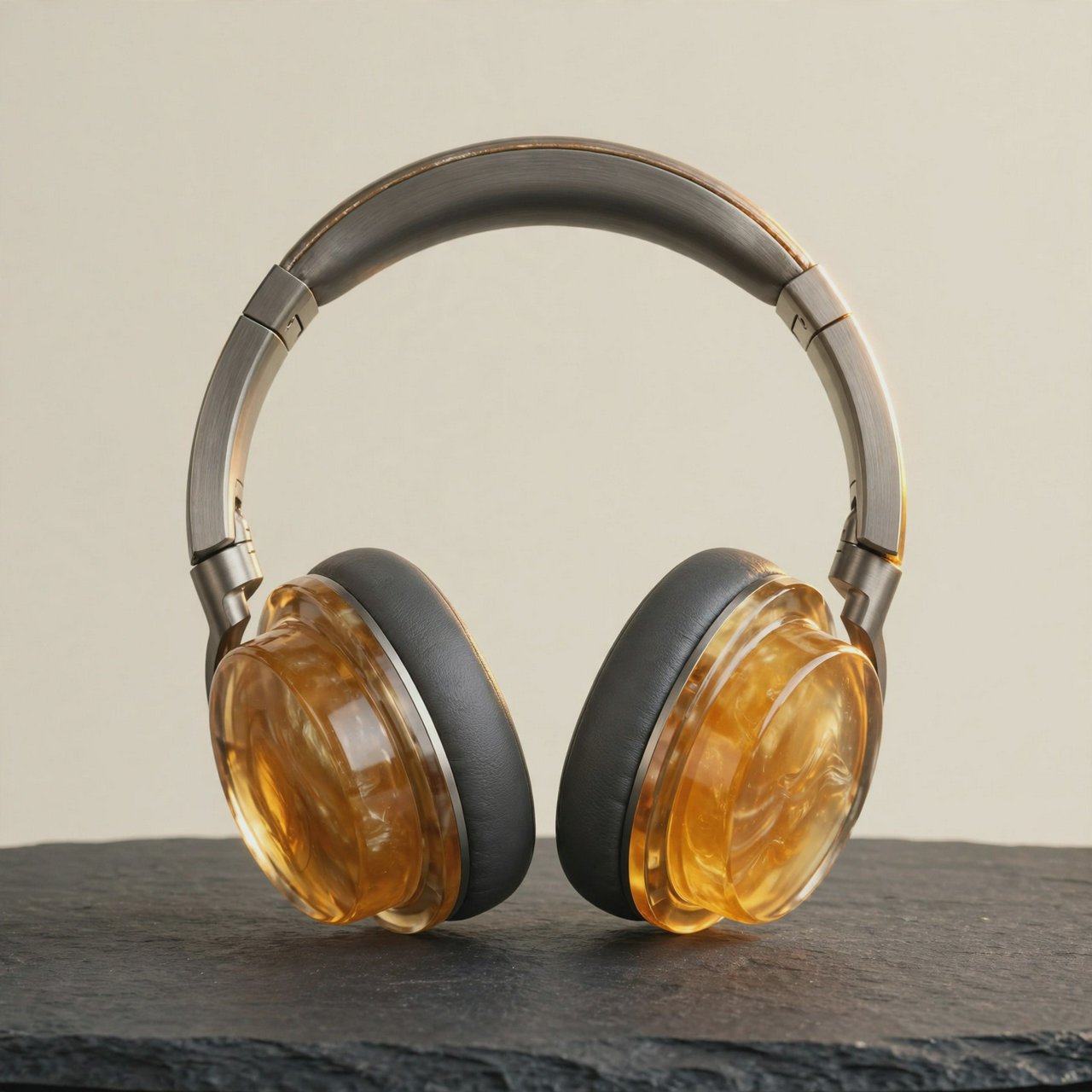 Commercial product photograph of unbranded over-ear headphones crafted from translucent amber resin and brushed titanium, resting on a dark slate surface against a muted cream background, lit by a broad diffused softbox and a delicate rim light. — Muse Image 1.0