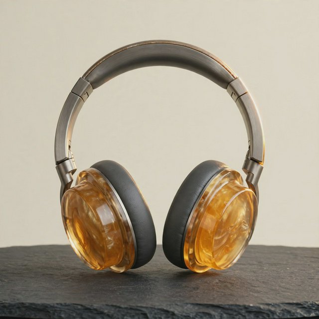 Commercial product photograph of unbranded over-ear headphones crafted from translucent amber resin and brushed titanium, resting on a dark slate surface against a muted cream background, lit by a broad diffused softbox and a delicate rim light. — Muse Image 1.0