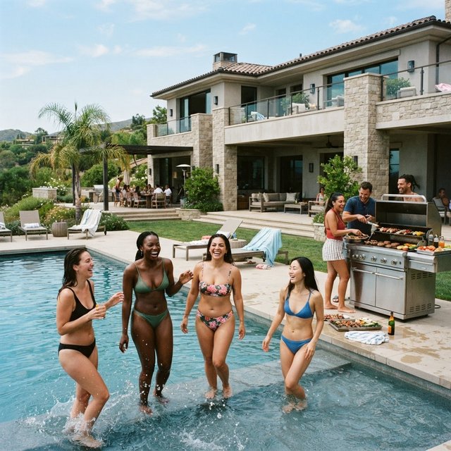A group of women of all races wearing two-piece swimsuits are having fun near a clear blue pool at a huge house, with food being cooked nearby and everything. Show many full angles. — Nano Banana 2 Lite
