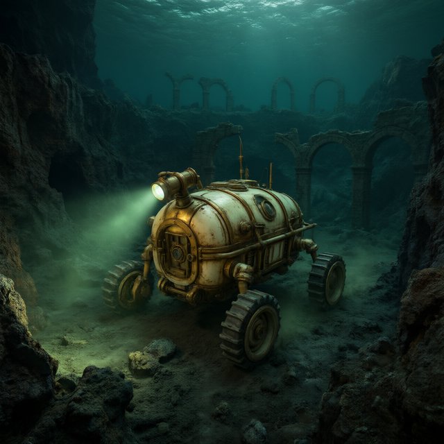 A brass-and-ceramic deep-sea crawler with arched pressure tanks trundles across the floor of a sunken obsidian caldera. Its searchlight cuts through green silt, revealing ruined stone arches far below the surface. — Qwen Image 3.0
