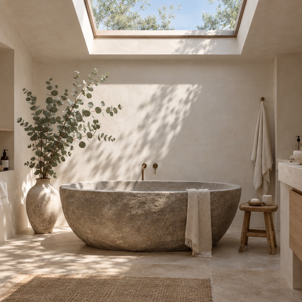 A spa bathroom with a stone tub, a skylight, plaster walls in warm white, eucalyptus in a vase, soft shadows. — GPT Image 2.5 Flare