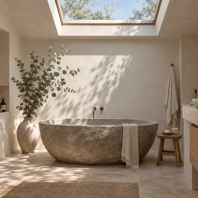 A spa bathroom with a stone tub, a skylight, plaster walls in warm white, eucalyptus in a vase, soft shadows. — GPT Image 2.5 Flare