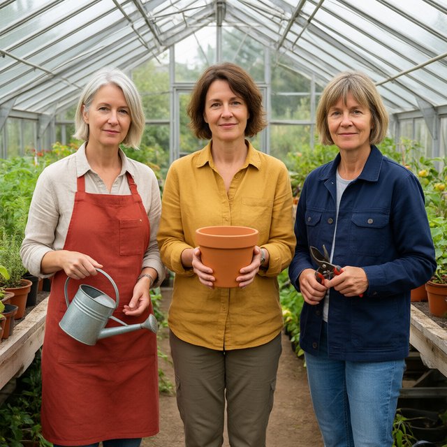 At a quiet greenhouse bench, exactly three adult botanists stand in a row: left wears a rust-red apron and holds a watering can, center wears a mustard shirt and holds a terracotta pot, right wears a navy jacket and holds pruning shears; nothing else. — Qwen Image 3.0