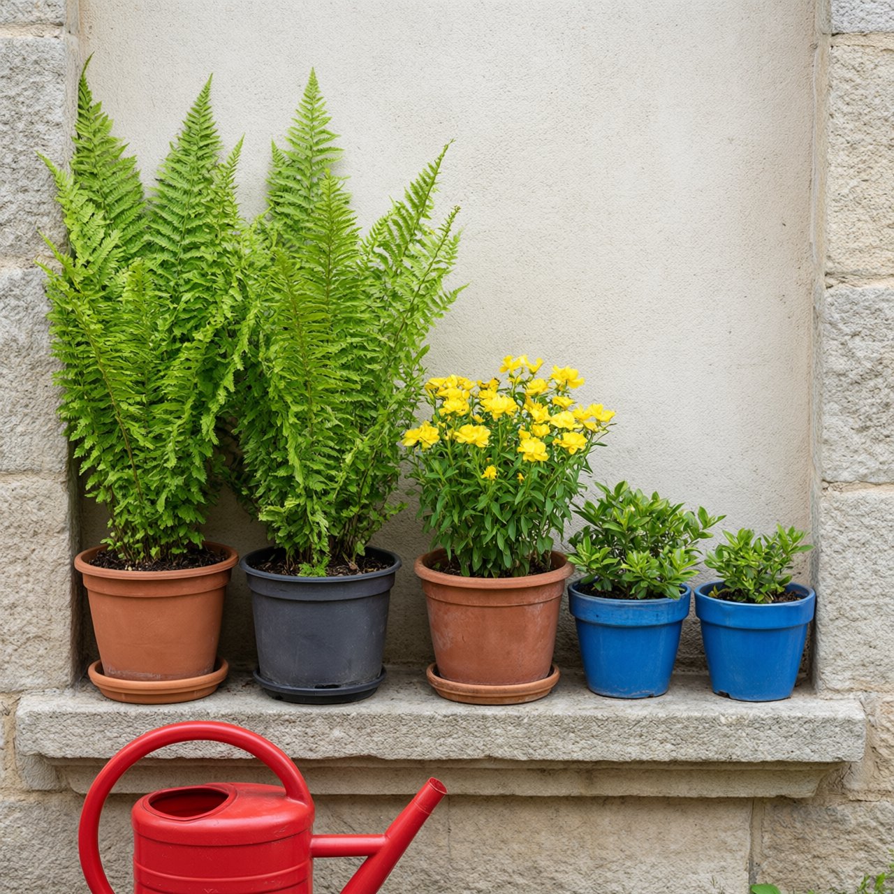 Exactly five potted plants stand on a stone ledge: two tall green ferns on the left, one flowering yellow plant in the center, and two small blue pots on the right. A red watering can sits below, nothing else. — Qwen Image 3.0 Pro