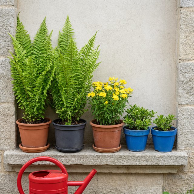 Exactly five potted plants stand on a stone ledge: two tall green ferns on the left, one flowering yellow plant in the center, and two small blue pots on the right. A red watering can sits below, nothing else. — Qwen Image 3.0 Pro