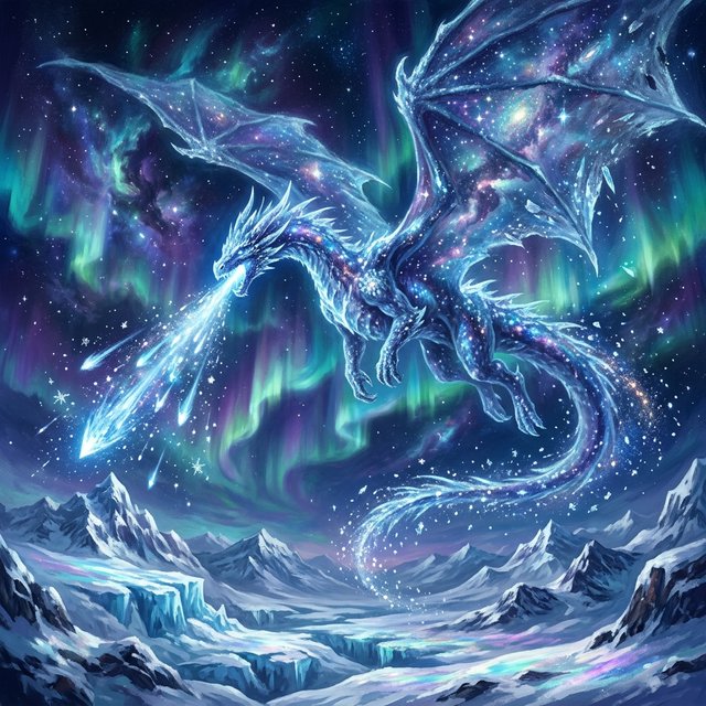 A majestic dragon made of pure starlight and frozen cosmic dust, soaring through a celestial winter landscape. Its scales shimmer with the light of a thousand galaxies, and its breath is a trail of icy comets. The background features swirling aurora borealis over a frozen, mountainous terrain. The style is a blend of painterly fantasy art and surrealism. — Nano Banana 2.1