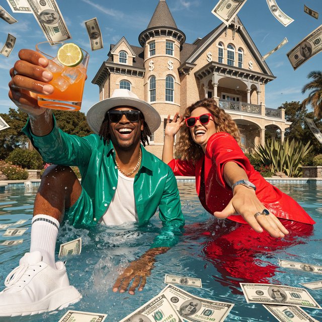A wealthy adult couple swimming in a huge pool full of money, near a huge mansion with dollar signs on it, with a fun, happy vibe. — Recraft v4 Pro