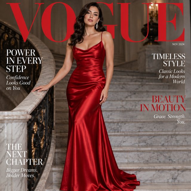 An adult woman in a floor-length red satin evening gown on a marble staircase, soft key light, confident pose, magazine cover style. — GPT Image 2.5 Flare