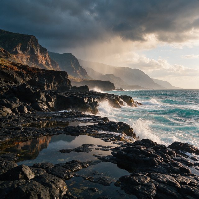 A rugged volcanic coastline under clearing storm clouds at late afternoon, black basalt shelves descending into turquoise surf, sea spray clinging to jagged rocks, tide pools reflecting distant cliffs and layered mountains fading into rain haze. — Seedream 5.0 Pro