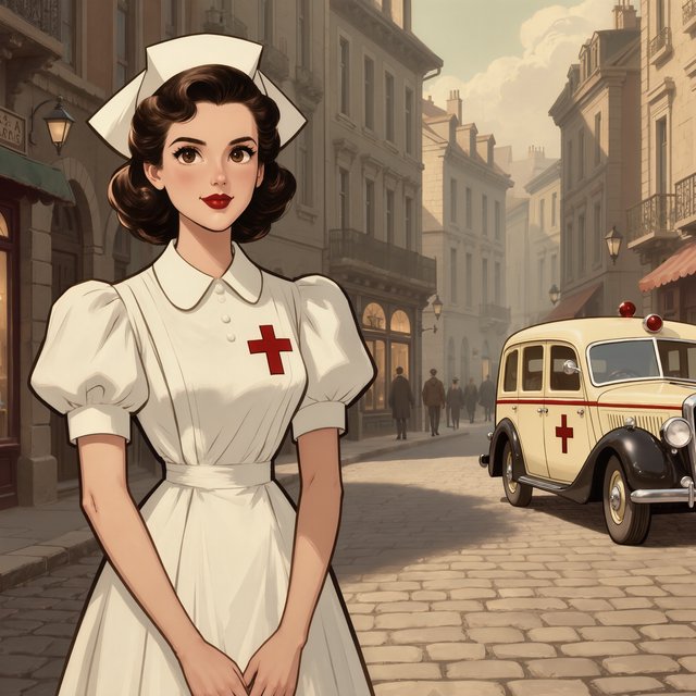 A digital illustration depicts an attractive vintage-style nurse with fair skin and dark, curly hair styled in waves reminiscent of past decades. She wears red lipstick, a white nurse's cap, a uniform, and a cross emblem on her sleeve. A classic European street scene featuring an ambulance and old buildings forms the background. — Kling v3 Omni