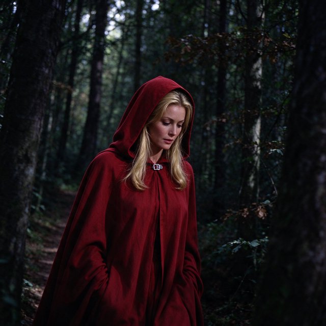 Medium shot at eye level: 1960s vintage film aesthetic. An adult woman with long, blonde hair walks alone through a dark forest. She wears a red hooded cloak, with the hood pulled up and fastened at the neck by a silver buckle. Photorealistic 1960s Technicolor film grain; soft, shallow depth of field. — Seedream 5.0 Flash