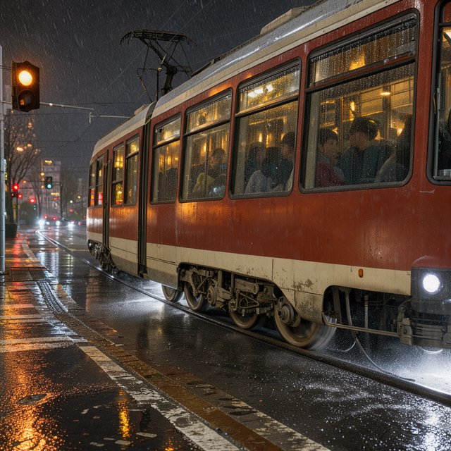At a rain-darkened intersection, a tram grinds through a curve, its steel wheels shining beneath amber signal glow. A street-level news photo, shot on a 35mm lens with moderate depth of field, catches beads of water on the windows and slight wheel blur. — FLUX 3 Image Klein