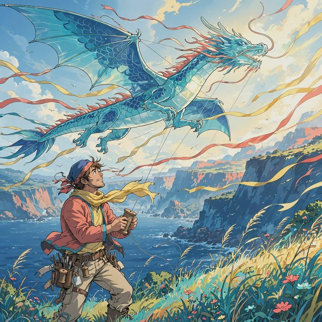 Cel-shaded anime illustration of an adult kite maker testing a vast translucent dragon-shaped kite on a windy coastal bluff, ribbons streaming above wild grasses and distant cliffs. Palette of coral, turquoise, butter yellow, and deep blue, with clean contours and a luminous sky. — Muse Image 1.0