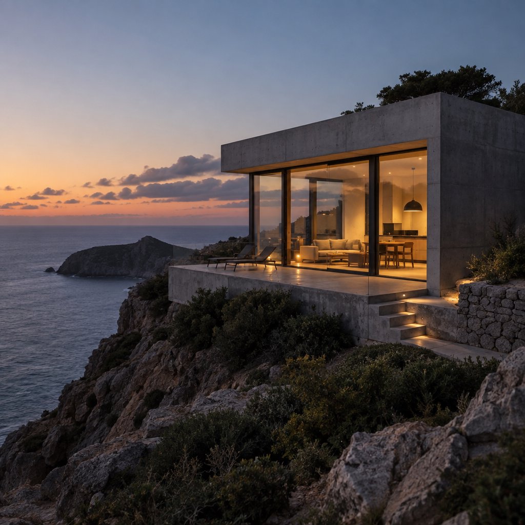 Exterior of a small concrete-and-glass house on a cliff above the sea, dusk, interior lights on, architectural photography. — GPT Image 2.5 Sunburst