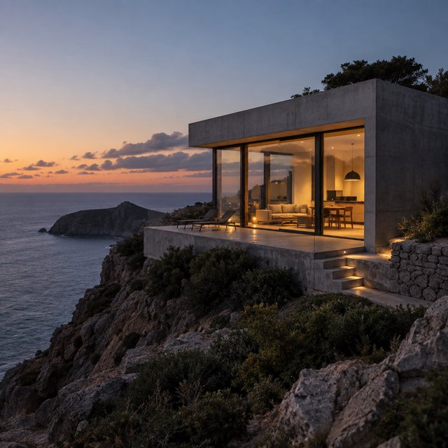 Exterior of a small concrete-and-glass house on a cliff above the sea, dusk, interior lights on, architectural photography. — GPT Image 2.5 Sunburst