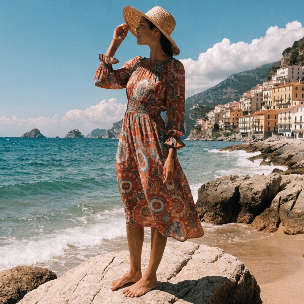 Authentic amateur photo of a beautiful adult woman standing at an Italian beach during vacation time. She wears appropriate clothing. It is noon. — Recraft v4