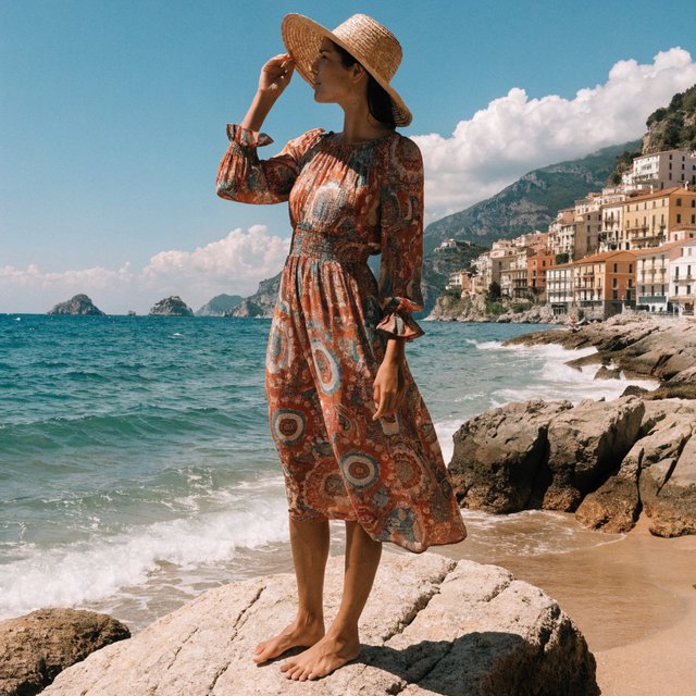 Authentic amateur photo of a beautiful adult woman standing at an Italian beach during vacation time. She wears appropriate clothing. It is noon. — Recraft v4