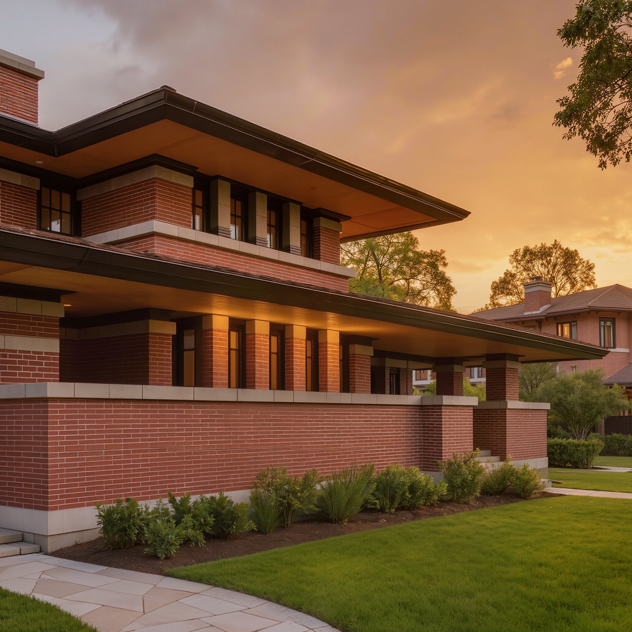 Exterior of a Prairie School residence with broad overhanging eaves, warm brick, limestone courses, and ribbon windows; amber evening light grazes the facade, viewed obliquely from a garden path, with disciplined horizontal lines and credible structure. — Kling v3