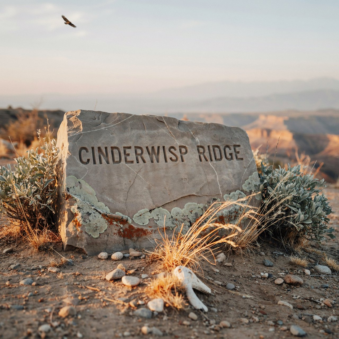 At a high desert canyon overlook, a weathered granite trail marker rises among sage and pale grasses; "CINDERWISP RIDGE" is deeply carved across its broad face, the cut letters catching slanting amber light. — Ideogram v4
